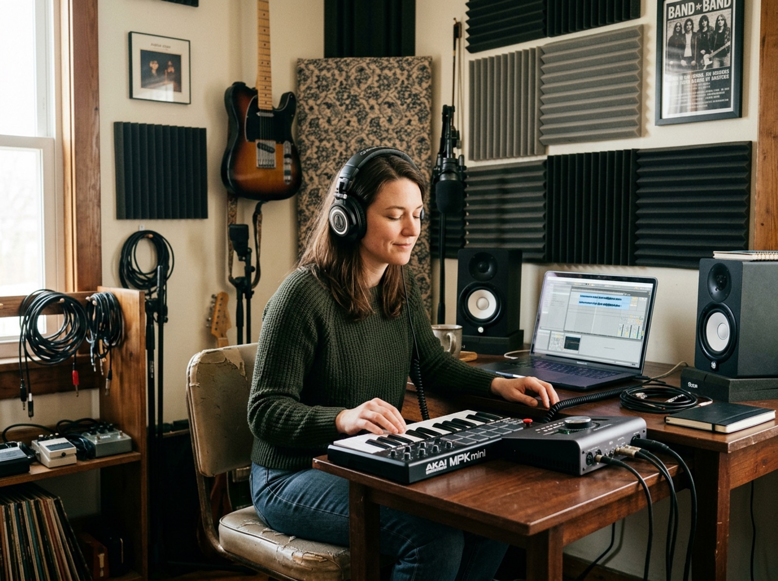 Eye-level view of an independent musician listening to a finished track on studio headphones