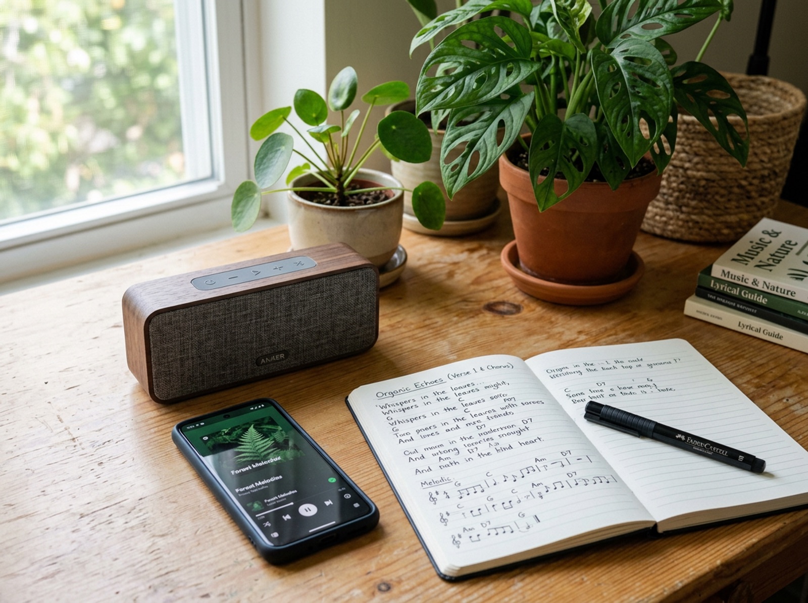 Eye-level view of a phone beside houseplants and a small speaker