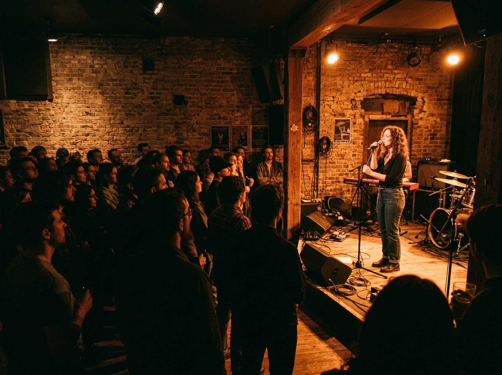 Wide-angle view of a small live music venue with a singer performing under warm lights
